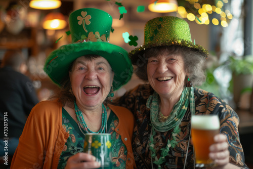 Joyous St. Patrick's Day celebration. Two elderly women share a laugh, toasting with beer, adorned in green St. Patrick's Day hats, with confetti and a pub backdrop