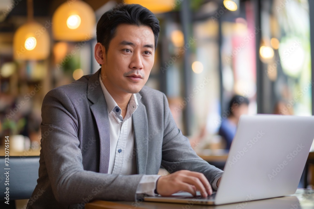Businessman sitting in a coffee shop working with laptop. Business travel concept Businessman sitting in a coffee shop working with laptop. Business travel concept