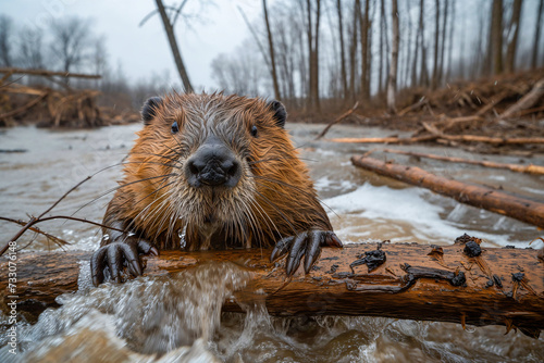 AI-generated illustration of a beaver peering over a river obstructed by fallen branches