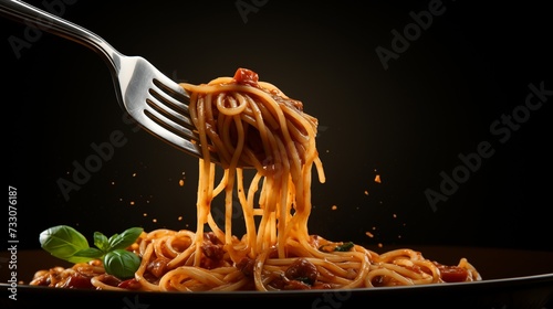 AI generated illustration of a stainless steel fork with a heap of spaghetti noodles on its tines photo