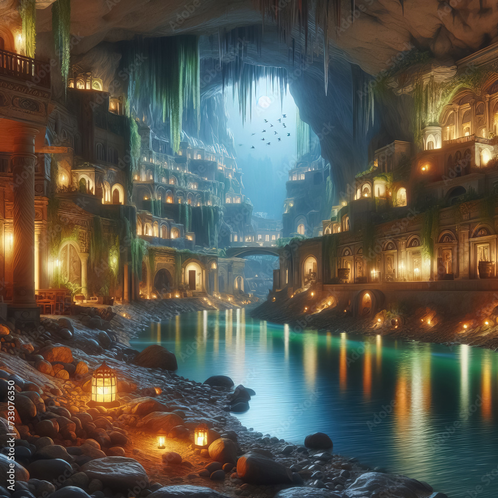 Underground city with river and rooms, fantasy of lost cave town, Surreal mystical fantasy artwork