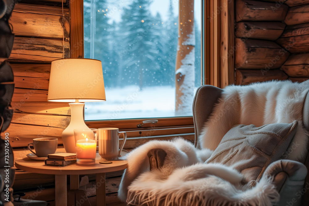 Φωτογραφία AI-generated illustration of a cozy armchair with a fur throw in front of the wi
