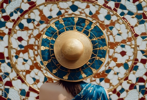 a woman with a hat on standing in front of a decorative wall