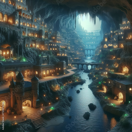 Underground city with river and rooms, fantasy of lost cave town, Surreal mystical fantasy artwork