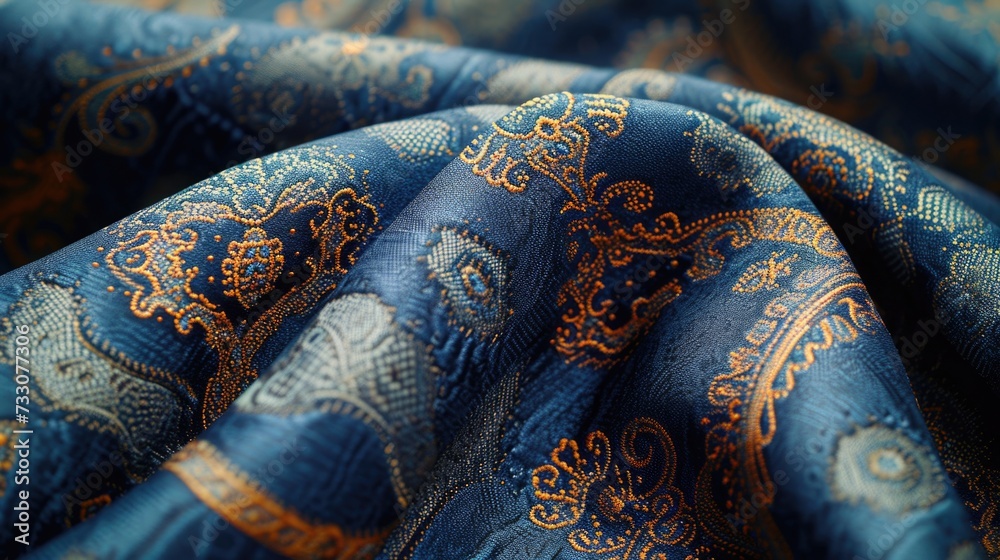 brocade fabric, focusing on the rich, decorative patterns and vibrant blue color, fully occupying the screen with its luxurious and ornate feel
