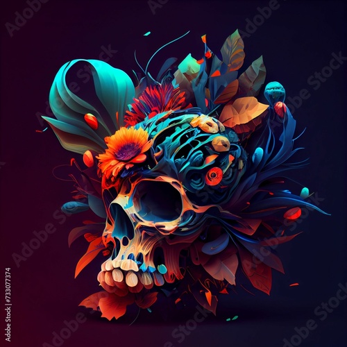 AI generated illustration of a human skull in vibrant blooms on a dark background