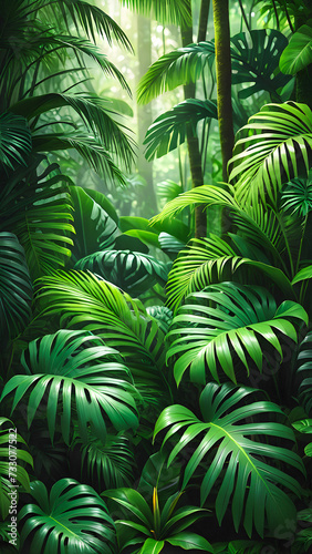 Lush Canopy  Illustration of Green Tropical Forest with Natural Leaves. tropical forest background illustration. vertical 9 16 format. generative AI