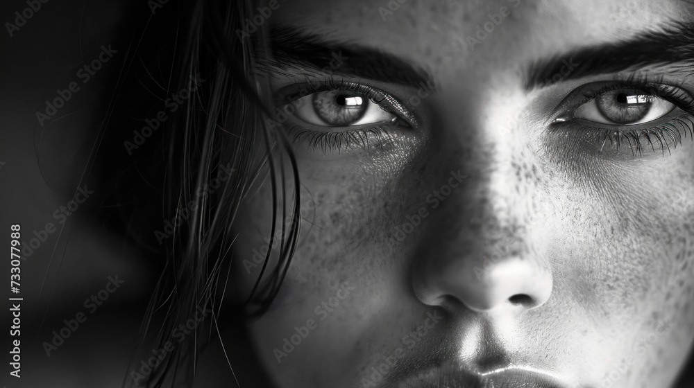 Fototapeta premium Intense closeup portrait of a woman. AI generated.