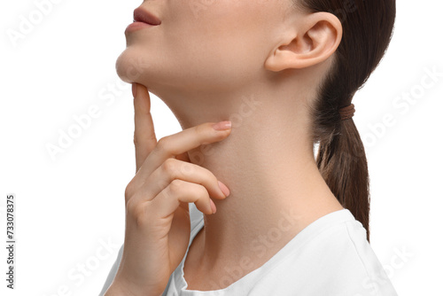 Woman touching her chin on white background, closeup