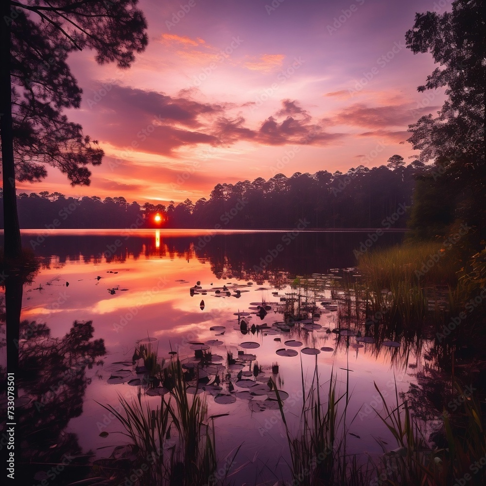 Obraz premium AI generated illustration of a secluded lake surrounded by dense forest
