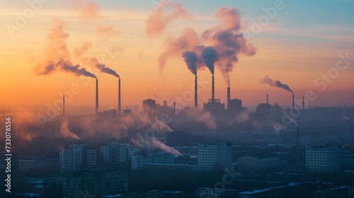 Urban factories and smoking chimneys. Environmental pollution problem. Smoke-polluted industrial city. Depressive urbanism