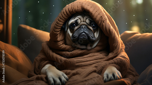 Funny pug in a blanket