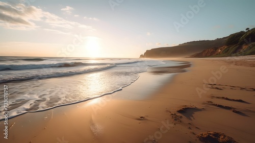 AI generated illustration of a tranquil beach scene featuring a sandy shoreline on a sunny day