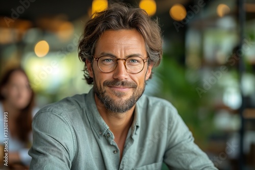 Happy Caucasian freelancer in casual clothes sitting in a coffee shop