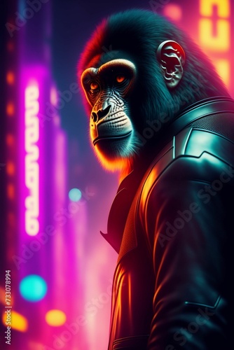 AI generated illustration of  a gorilla illuminated by the vibrant neon lights © Wirestock