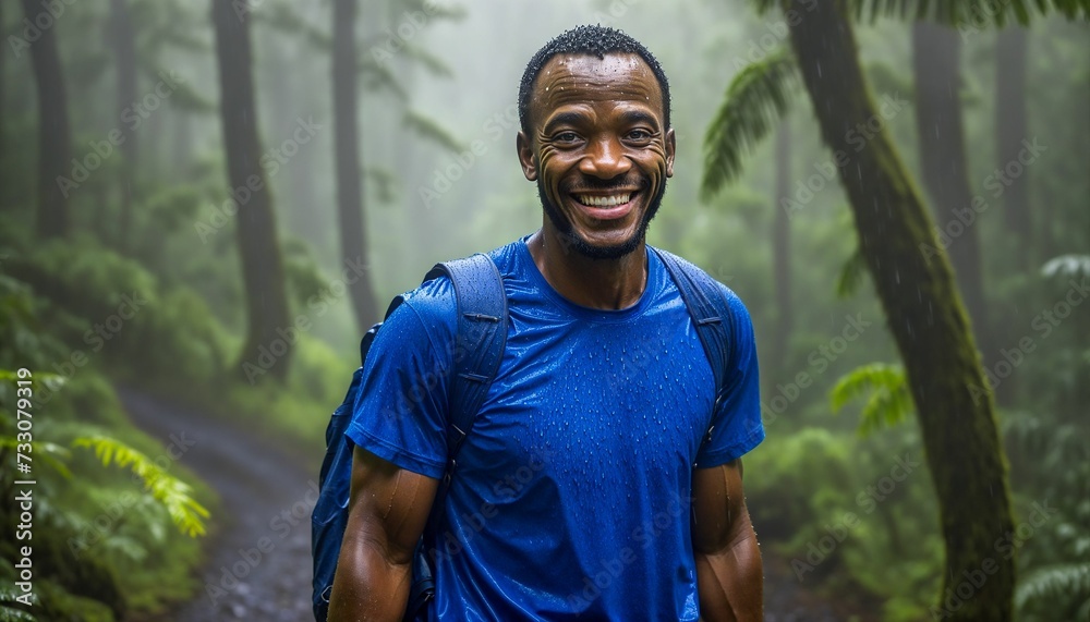 AI generated illustration of a smiling African man hiking in a rainforest with a backpack - obrazy, fototapety, plakaty 