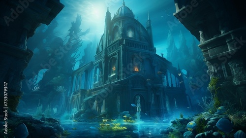 AI generated illustration of a breathtaking underwater city with vibrant blue and green hues