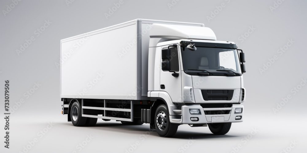 White truck on white uniform background. Cargo and shipment concept. Generative AI