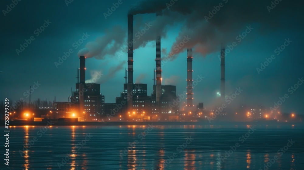 Urban factories and smoking chimneys. Environmental pollution problem. Smoke-polluted industrial city. Depressive urbanism at night Urban factories and smoking chimneys. Environmental pollution problem. Smoke-polluted industrial city. Depressive urbanism at night
