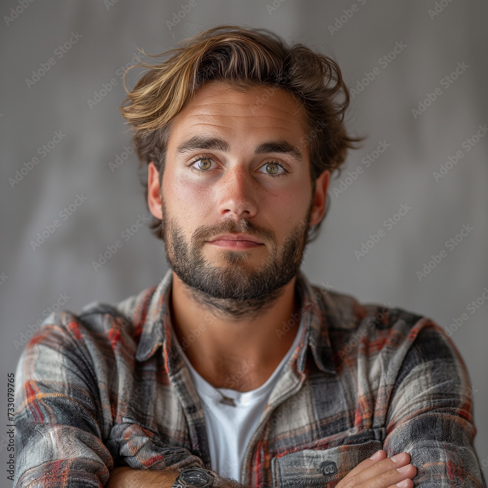 A portrait of a man with a thoughtful expression and tousled hair, his gaze slightly off-camera, which, along with his casual flannel shirt, gives off a rugged yet introspective vibe