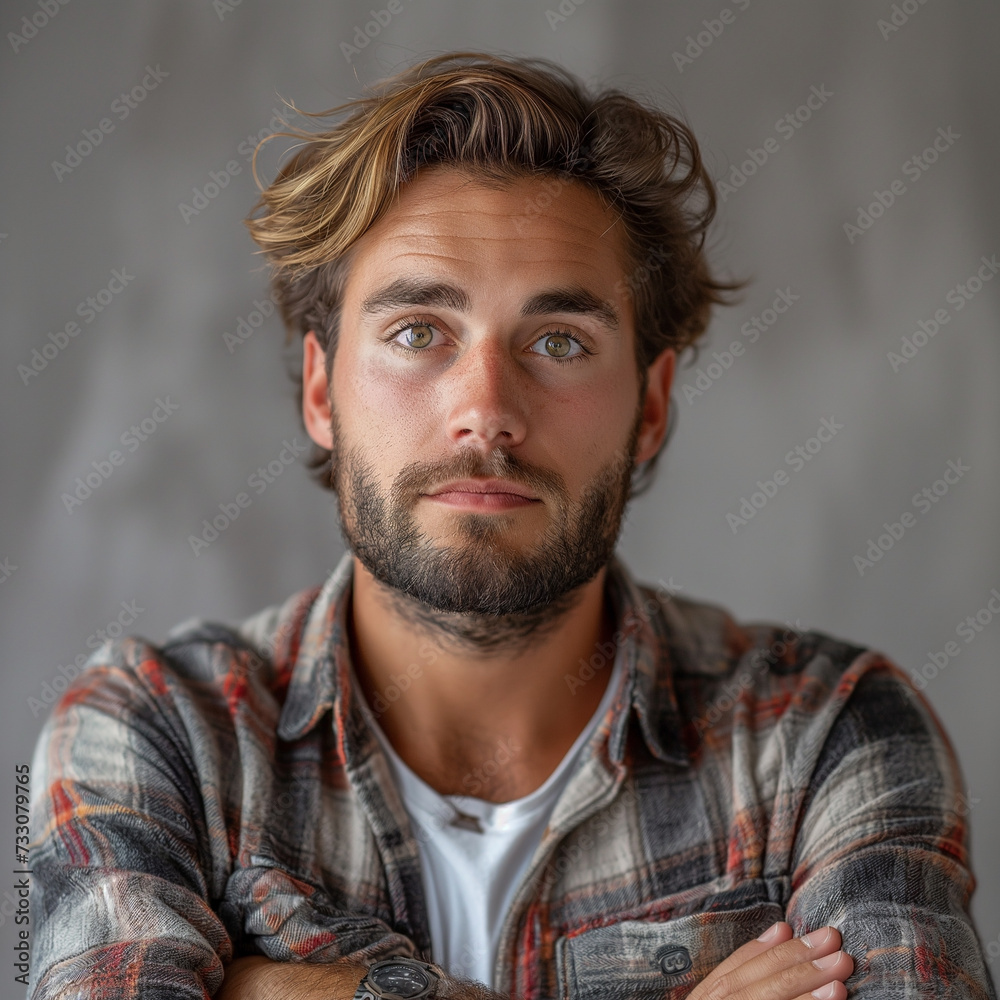 Obraz premium A portrait of a man with a thoughtful expression and tousled hair, his gaze slightly off-camera, which, along with his casual flannel shirt, gives off a rugged yet introspective vibe