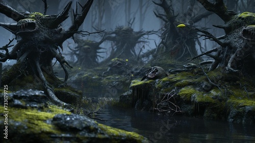 AI generated illustration of a river flowing through a green, gloomy forest