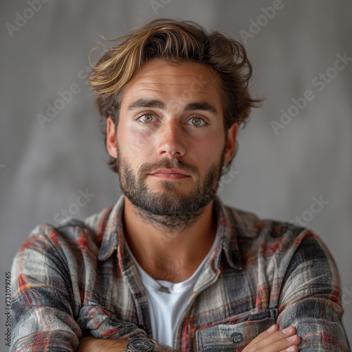 A portrait of a man with a thoughtful expression and tousled hair, his gaze slightly off-camera, which, along with his casual flannel shirt, gives off a rugged yet introspective vibe
