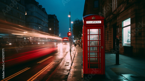 AI generated illustration of a vivid red telephone booth at the road with light trails at night