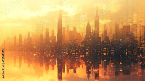 The skyline of the city with golden sky tiles in the background.