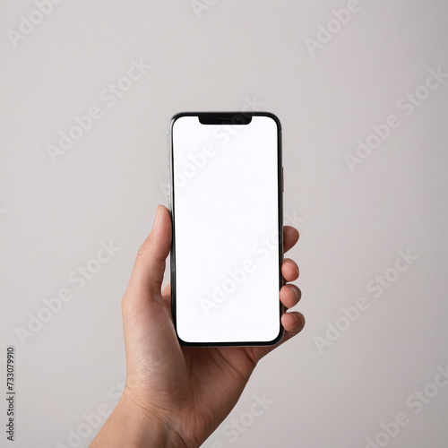 Hand holding a mobile phone with a blank screen