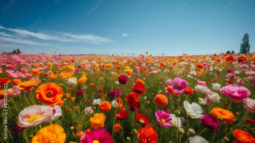 AI generated illustration of a vibrant field of wildflowers in full bloom on a sunny day