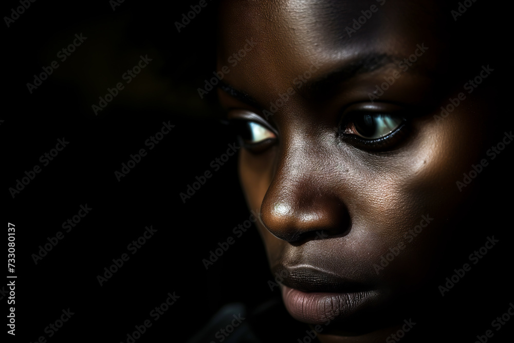 AI generated illustration of a close-up portrait of a young African-American girl with glowing skin