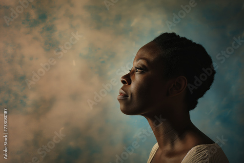 AI generated illustration of an African woman gazing into the distance on a gray and blue backdrop