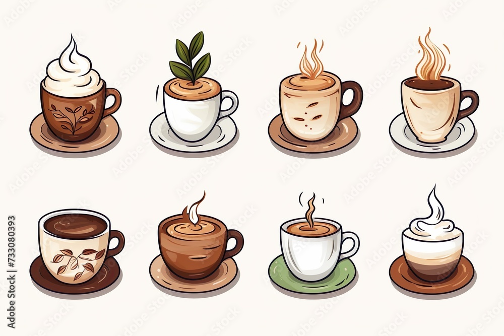 illutration of cute kawai coffee cup collection | animated coffees| hand drawn| Multiple cups collection  