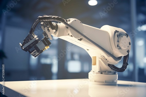 AI-generated illustration of a robotic arm on a white table in a modern office setting