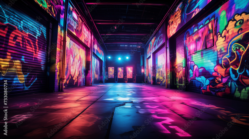 Psychedelic neon graffiti illuminates a dark alley in vibrant colors, blending surrealism and urban grit.