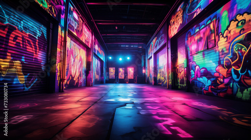 Psychedelic neon graffiti illuminates a dark alley in vibrant colors, blending surrealism and urban grit.