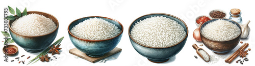 White rice grains in a bowl isolated on a white background.