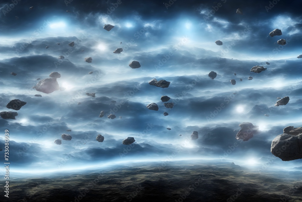 Obraz premium AI generated illustration of a night sky filled with jagged rocks illuminated by a soft blue light