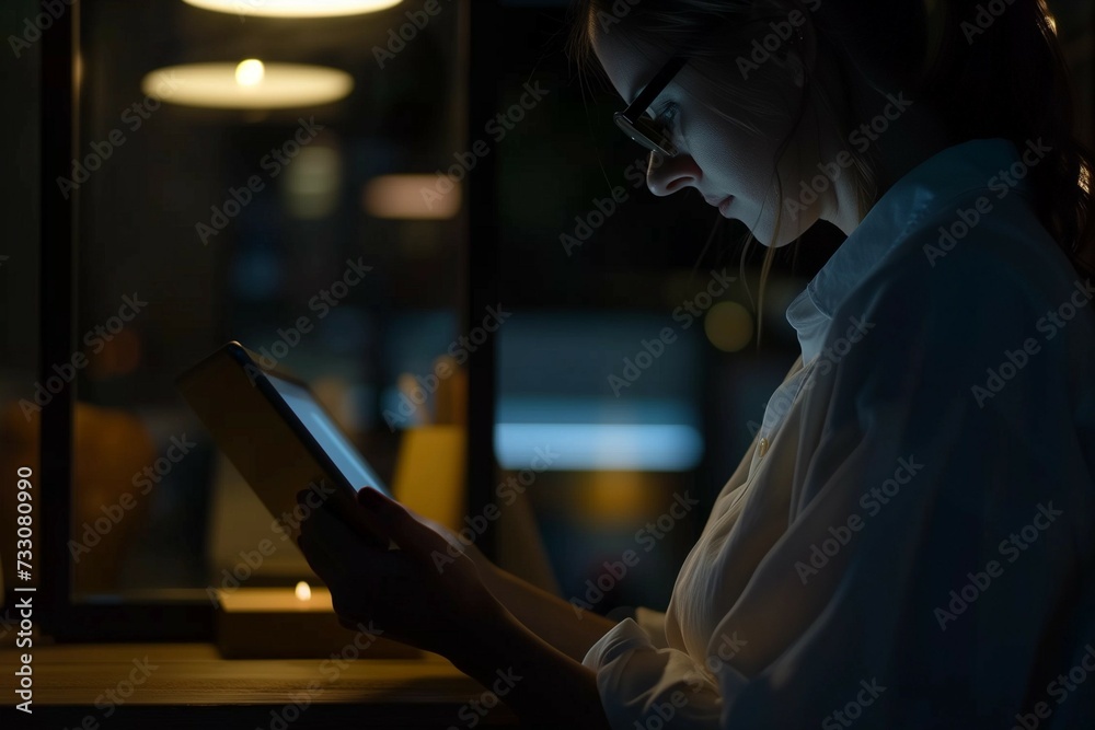 Overtime and businesswoman in office with glasses, reading email or social media post scroll, schedule or report. Planning, research and woman, late at night work and reflection of website