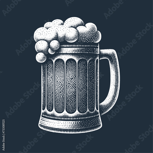 Mug full of Beer with a large foam on top. Vintage stipple engraving vector illustration on dark background.