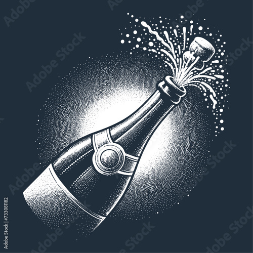 Champagne Bottle Popping. Vintage stipple engraving vector illustration on dark background.