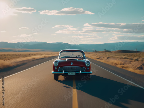 AI generated illustration of a vintage sleek and shiny car driving down a sunny rural road photo