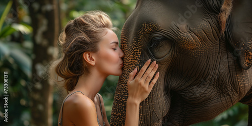 Junge Frau ist dem Elefanten ganz nah und gibt ihm einen Kuss auf den Rüssel. photo