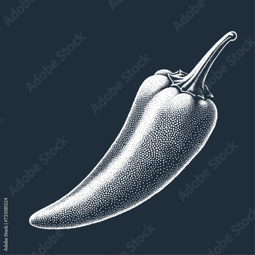 Chilli Pepper. Vintage stipple engraving vector illustration on dark background.