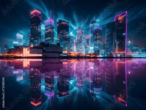 AI generated illustration of city skyline featuring illuminated skyscrapers photo