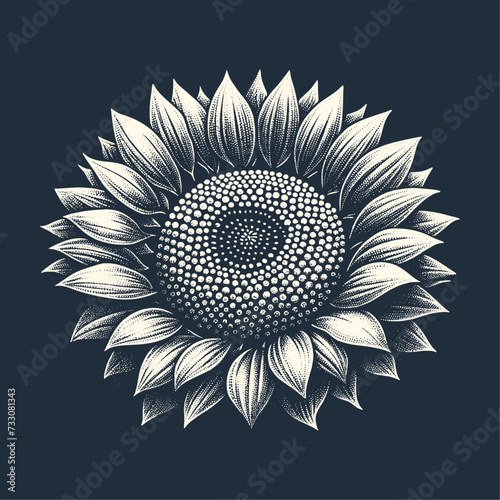 Sunflower. Vintage stipple engraving vector illustration on dark background.