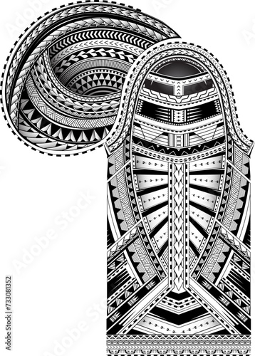 Maori style sleeve and chest tattoo. Gradient and shade effects are placed on separate layer and can be removed