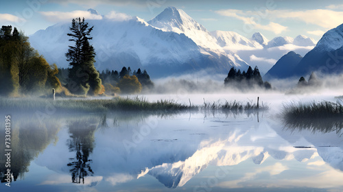 Whispers of Nature: The Unveiling Majesty of Lake Matheson's Landscape at Dawn, Where Mountains Dance in the Veil of Mist
