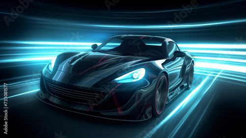 A sleek  black sports car surrounded by dynamic blue light streaks  High speed black sports car - street racer concept  generic and brandless